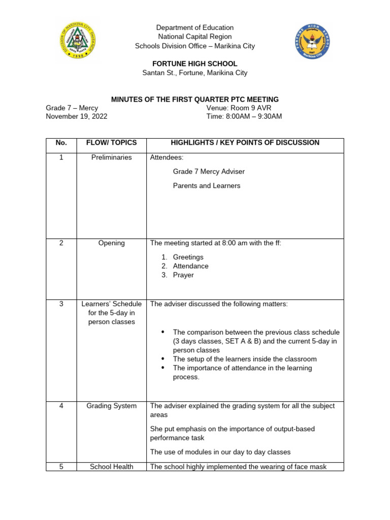 Grade 7 Mercy PTC Meeting Minutes | PDF | Learning