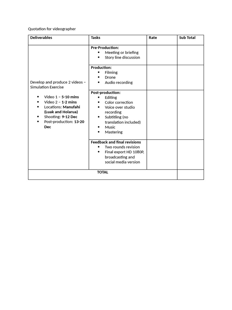 Videographer Quotation for Video Production | PDF