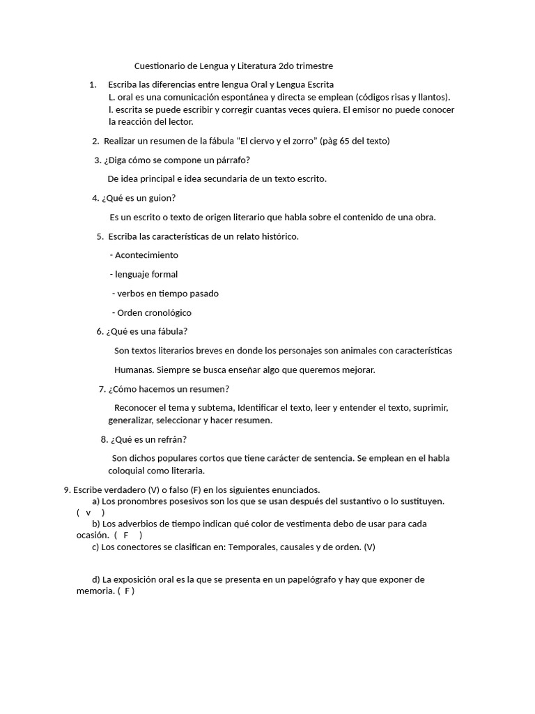 Cuestionario de Lengua y Literatura | PDF