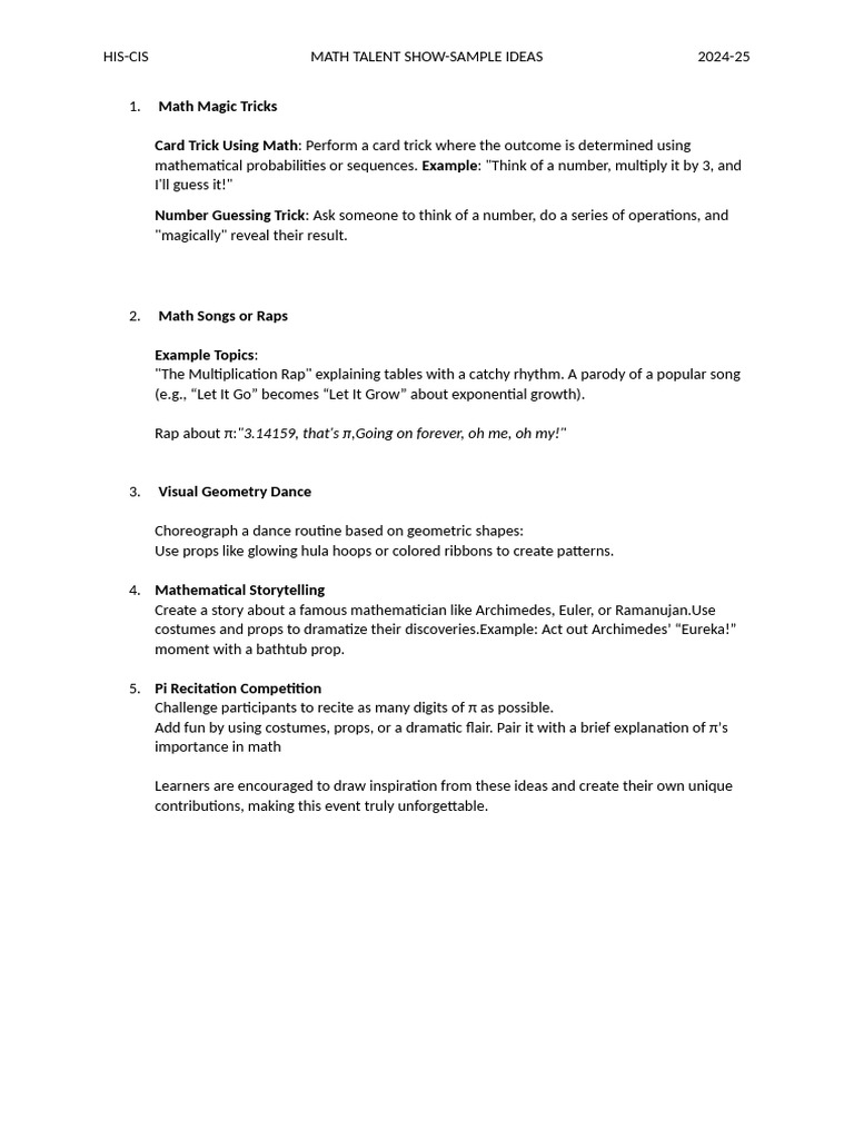 Math Talent Show Ideas for 2024-25 | PDF