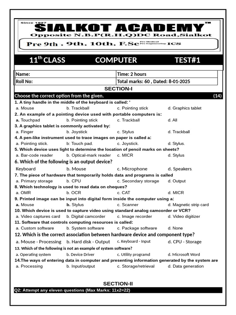 Computer Class 11 Test 2025 | PDF | Computer Engineering | Computer ...