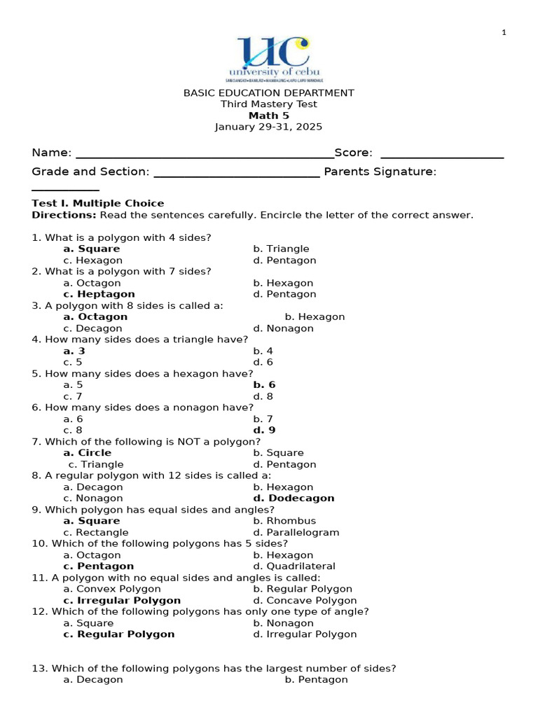 Math 5 q3 mastery test pdf circle rectangle