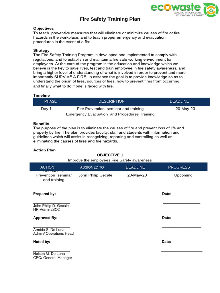 Fire Safety Training Plan Overview | PDF