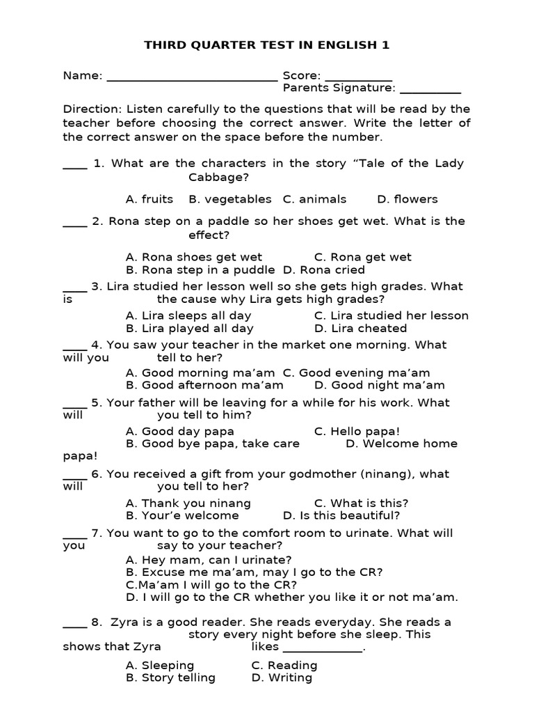 Third Quarter Test In English 1 With Key Answer Pdf