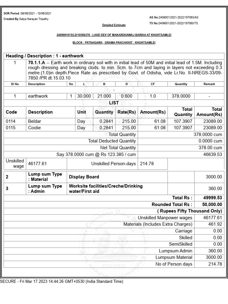 Land Development Estimate for Khuntsamlei | PDF