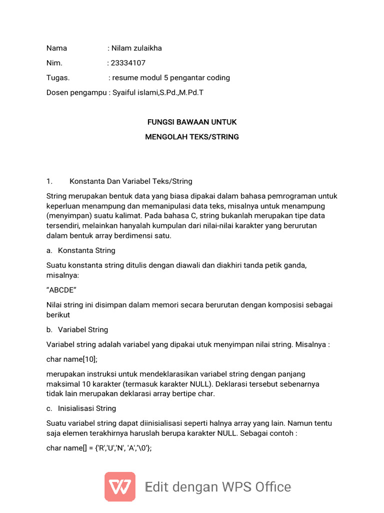 Fungsi String dalam Pemrograman C | PDF
