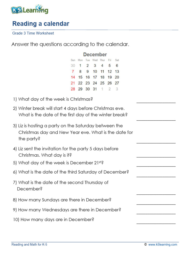 K-5 Calendar Reading Worksheet | PDF