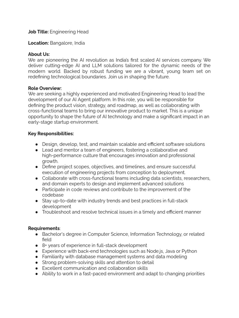 Engineering Head Position in AI Company | PDF | Artificial Intelligence ...