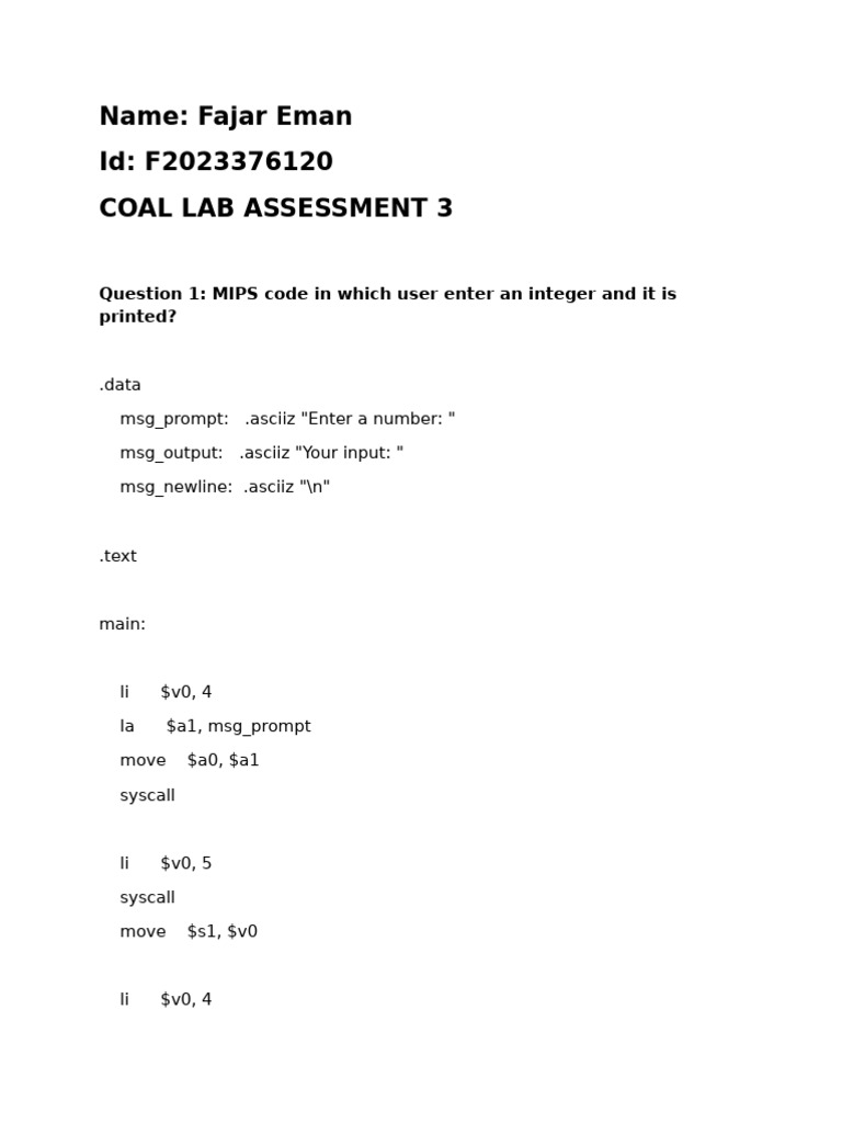 MIPS Code for Integer Input Output | PDF