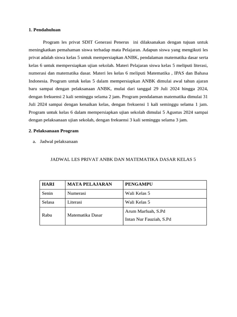 Laporan Program Les Privat SDIT 2024 | PDF