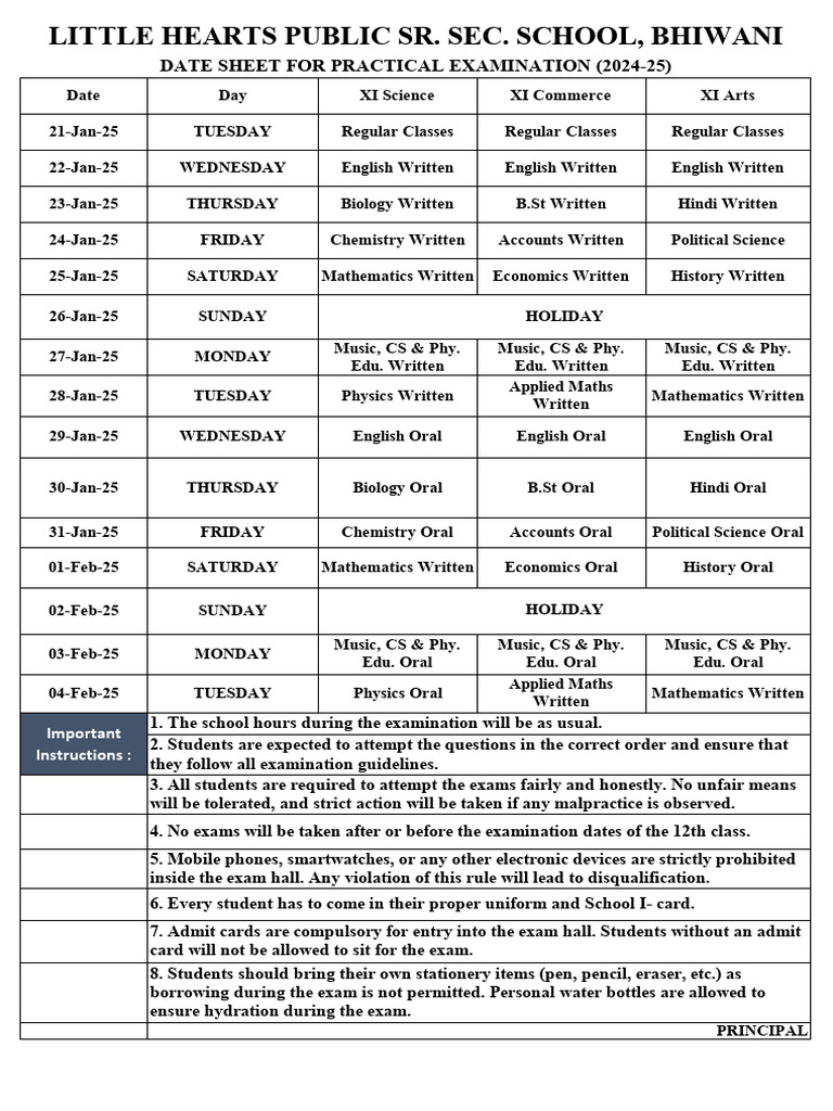 Datesheet Practical Examination - Class 11 | PDF