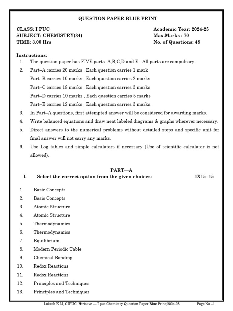 I Puc Blue Print Chapterwise 2024 25 Pdf Chemistry Chemical Reactions