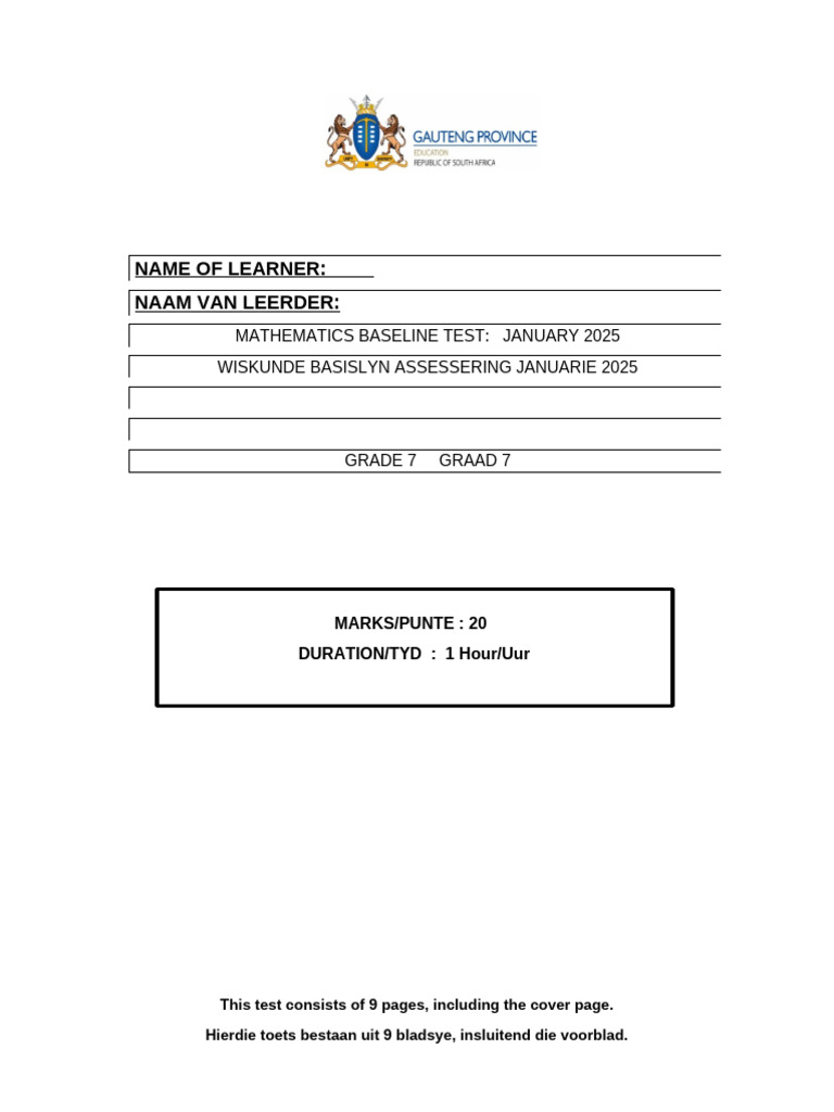 Grade 7 Mathematics Baseline Test 2025 | PDF | Elementary Mathematics ...