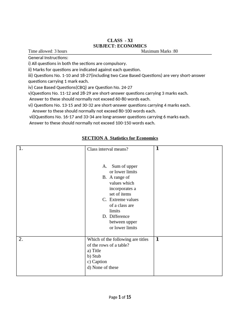 Class XI Economics Exam Paper Guide | PDF | Demand | Mean