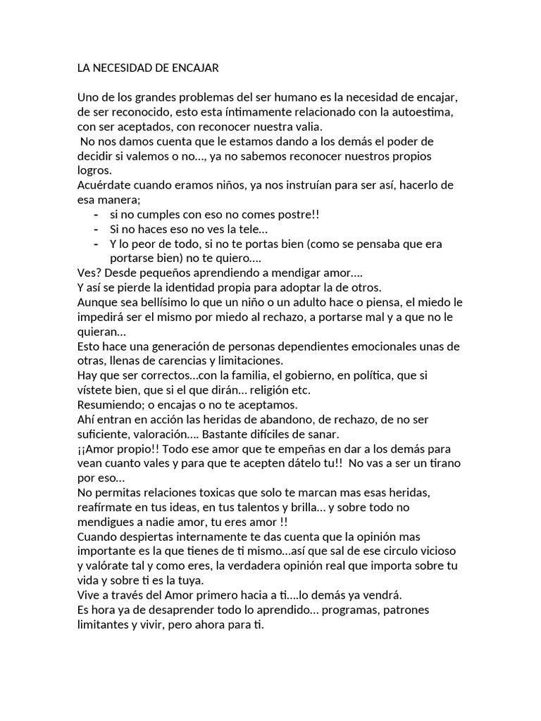La necesidad de encajar y el amor propio | PDF
