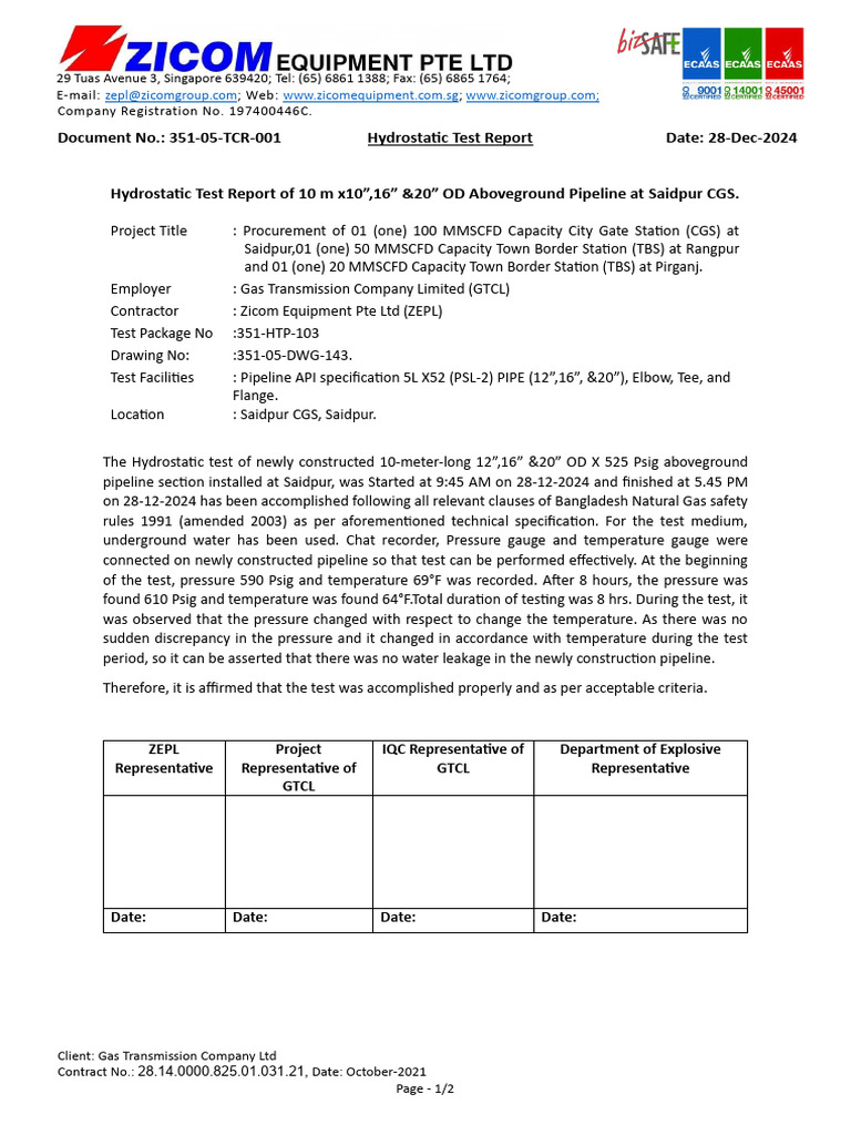 Hydrostatic Test Report for Pipeline | PDF | Pressure | Mechanical ...