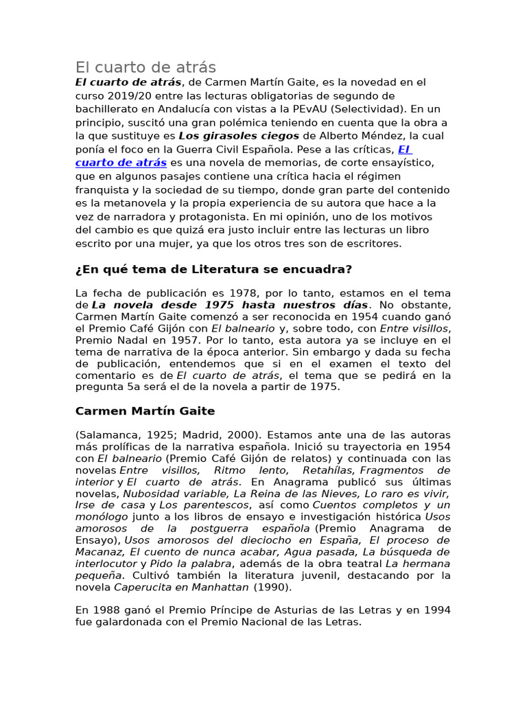 El cuarto de atrás: Análisis literario | PDF | Escritura