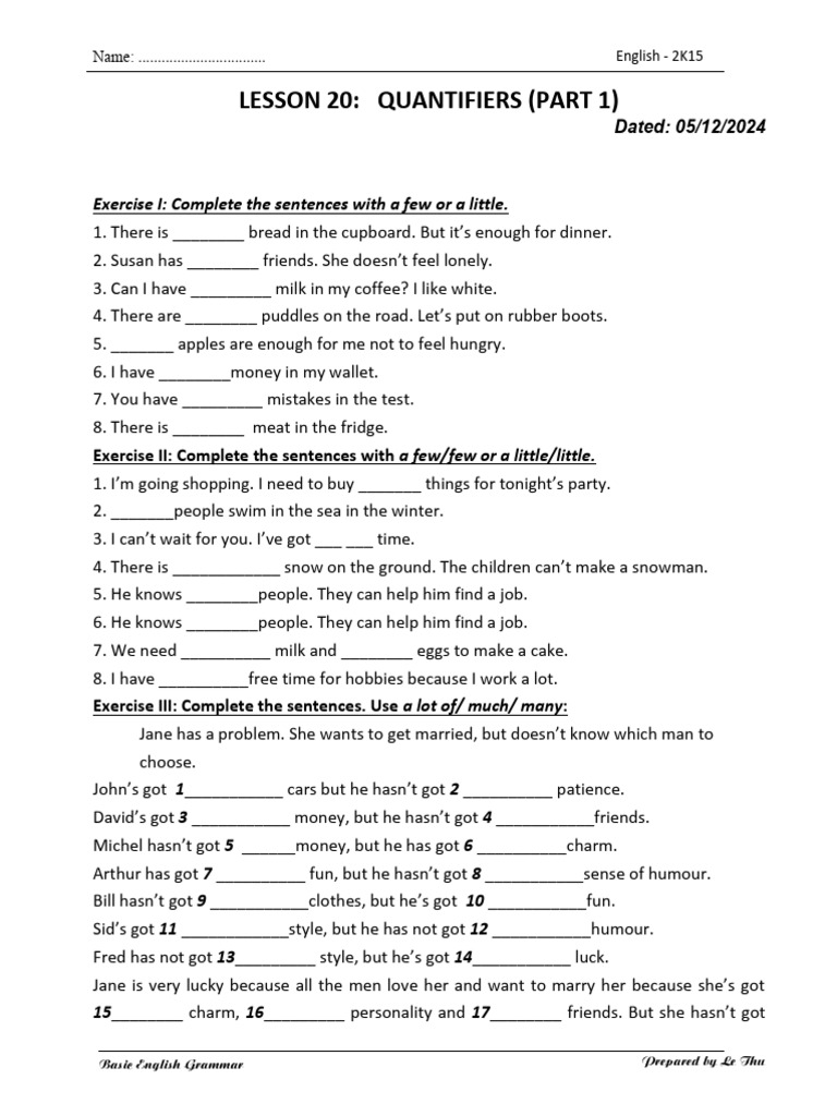 Quantifiers in English Grammar Exercises | PDF