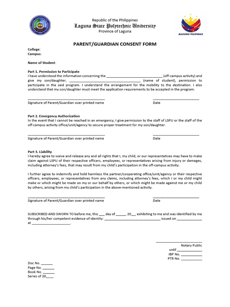 Parent Consent Form for Off-Campus Activity | PDF | Legal Concepts ...