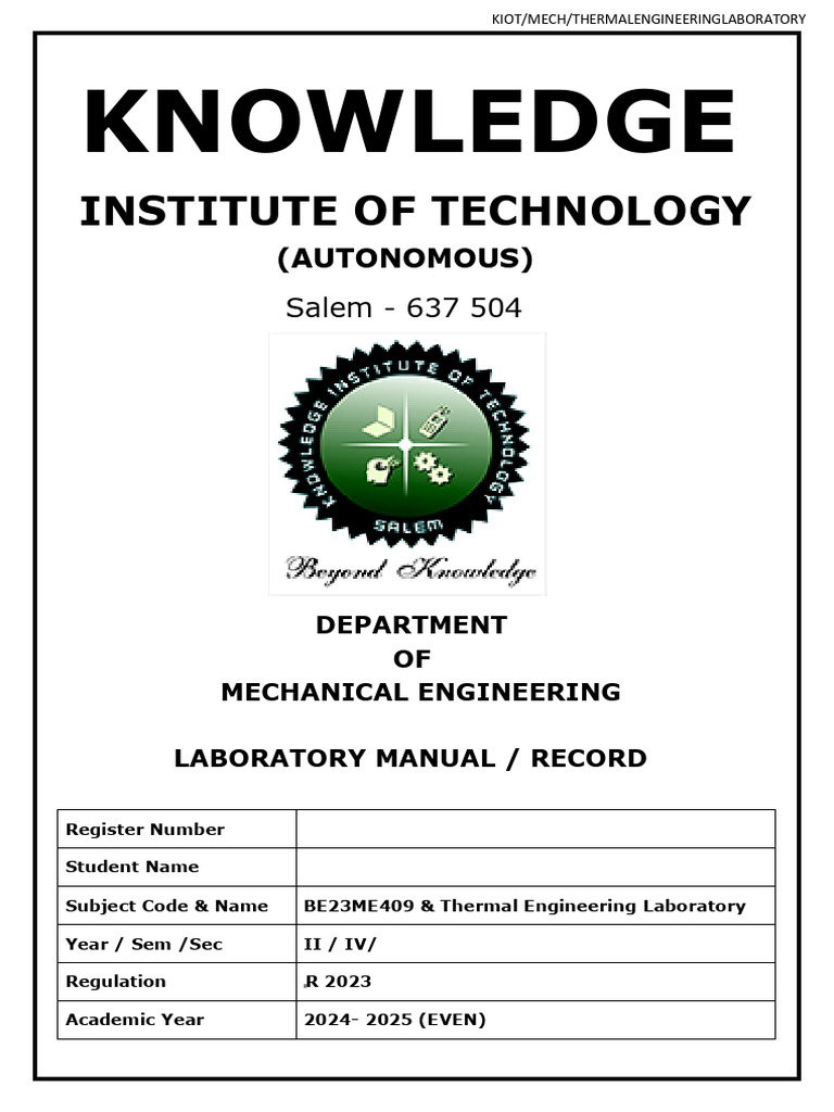 Thermal Engineering Laboratory Manual | PDF | Internal Combustion ...