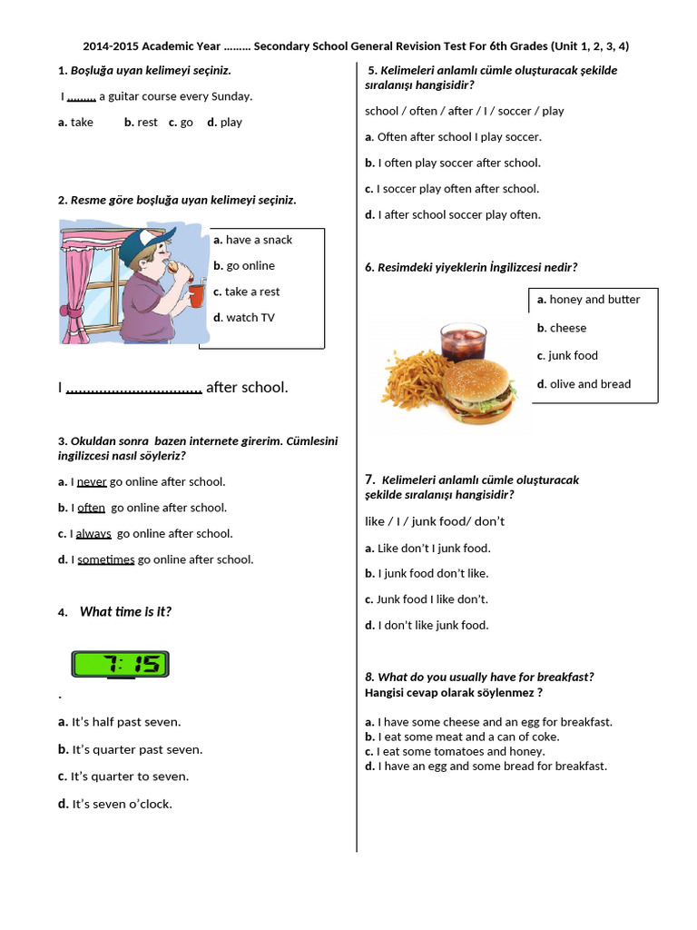 6th Grade English Revision Test Units 1-4 | PDF | Cuisine | Foods