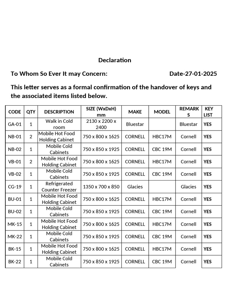 Key Handover Confirmation Document | PDF