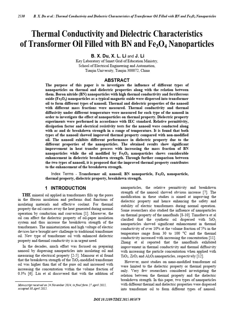 Thermal Conductivity and Dielectric Characteristics of Transformer Oil ...