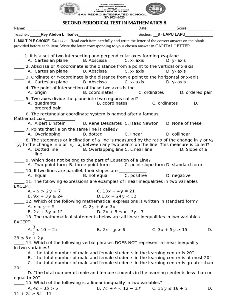 Standard Form in Mathematics 8 Test | PDF | Cartesian Coordinate System ...
