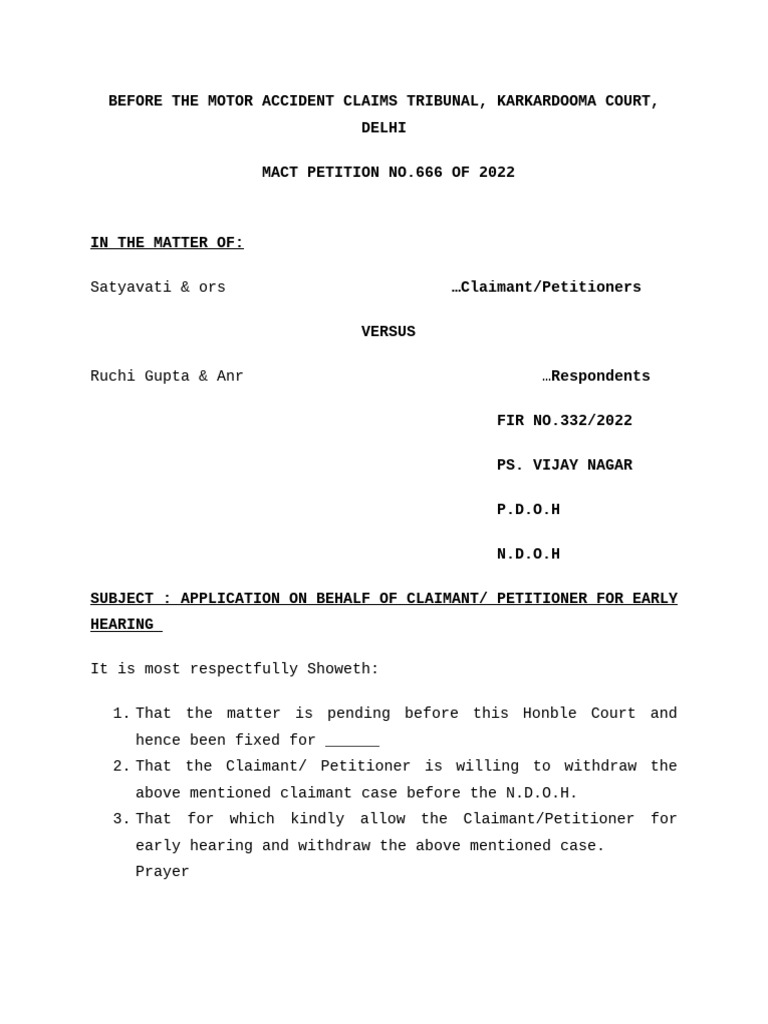 Early Hearing Application for MACT Case | PDF | Affidavit | Legal Procedure