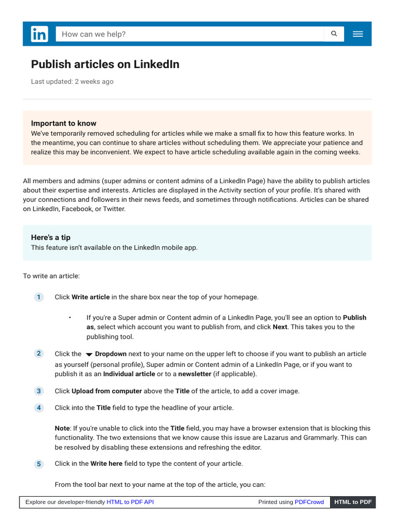 Publish Articles on LinkedIn Guide | PDF | Hyperlink | Websites