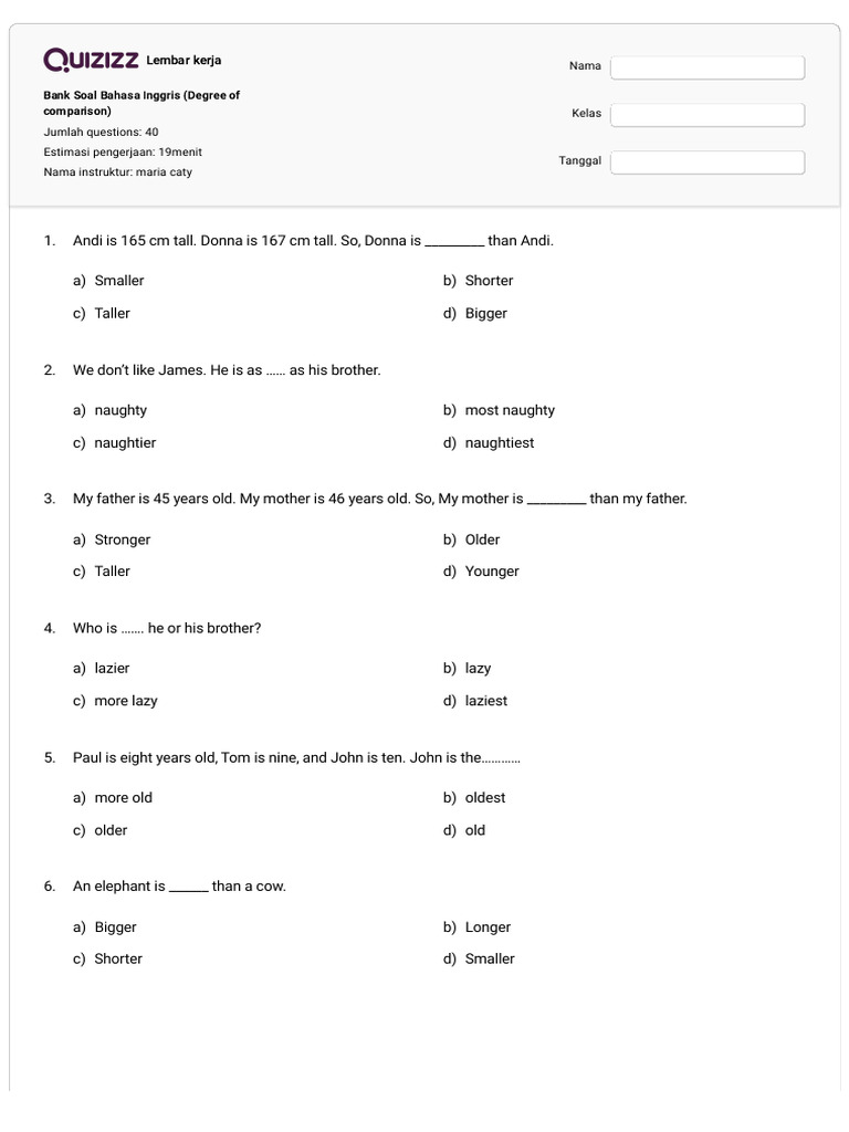 English Comparison Questions Worksheet | PDF | Zoology