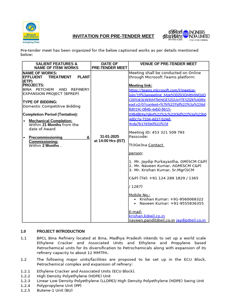 Pre-Tender Meeting for ETP Project | PDF | Sewage Treatment | Oil Refinery