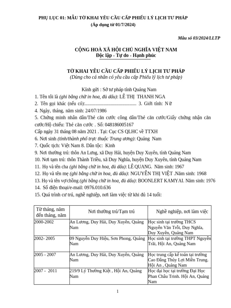 PL1 - Mẫu tờ khai LLTP | PDF