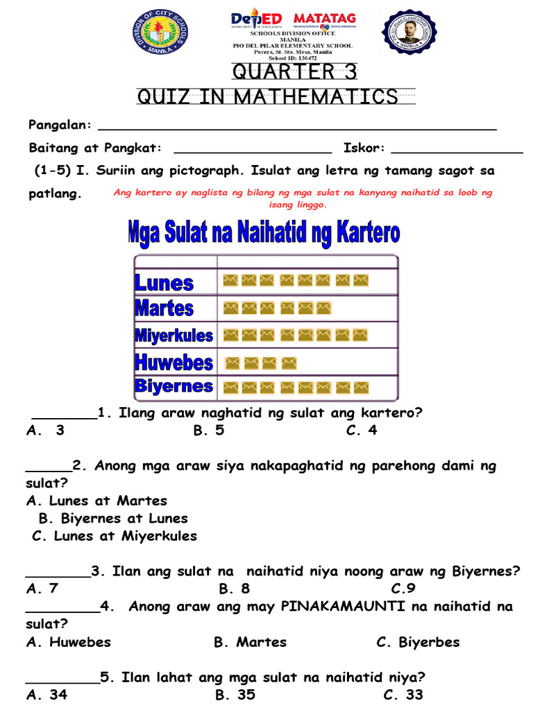 Q3 Quiz 2 in Math Sub. Number Sentence and Pictogrpah 1 | PDF