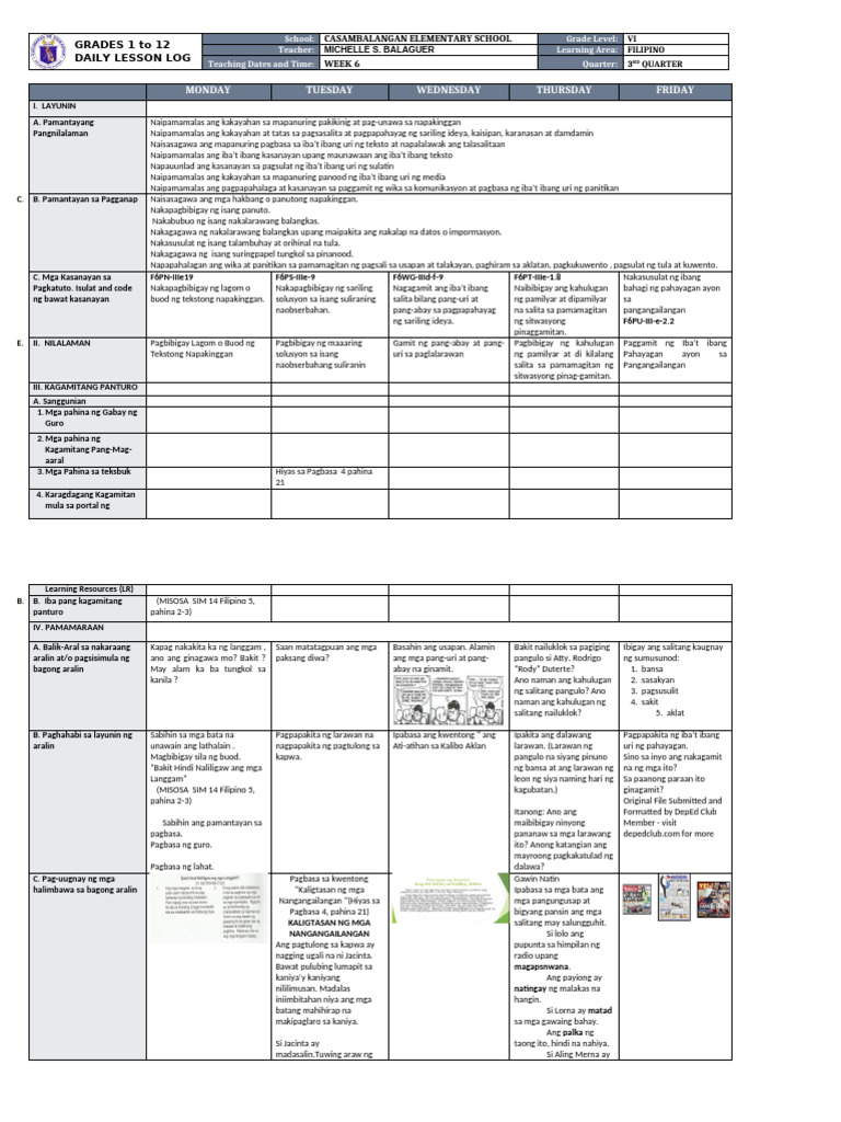 DLL - Filipino 6 - Q3 - W6 | PDF