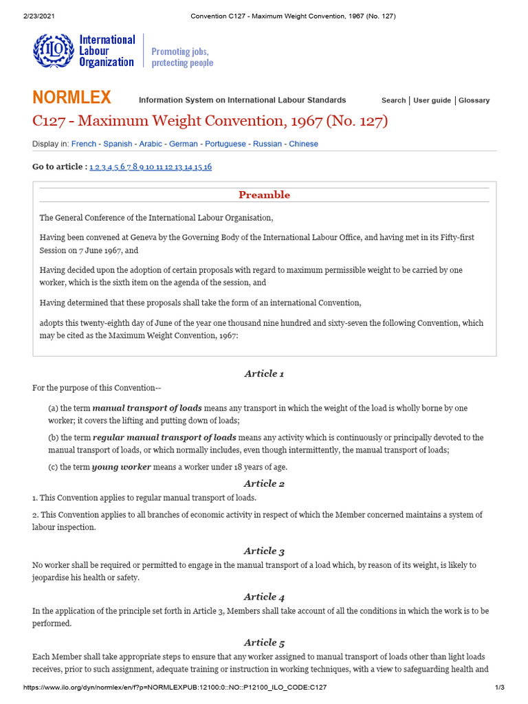 C 127 Manual Handling | PDF | International Labour Organization ...