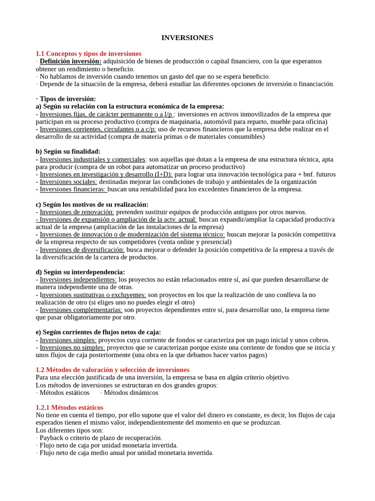 Tipos y Métodos de Inversión Empresarial | PDF | Tasa interna de ...