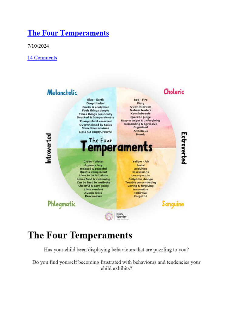 Understanding the Four Temperaments | PDF | Psychology | Psychological ...