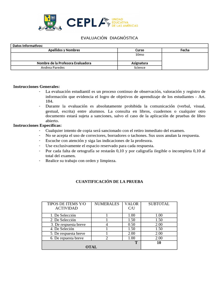 Diagnótico 10mo Science | PDF