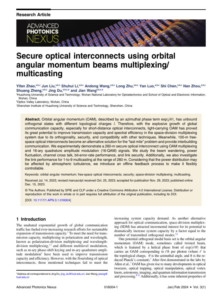 Secure Optical Interconnects Using Orbital Angular Momentum | PDF ...
