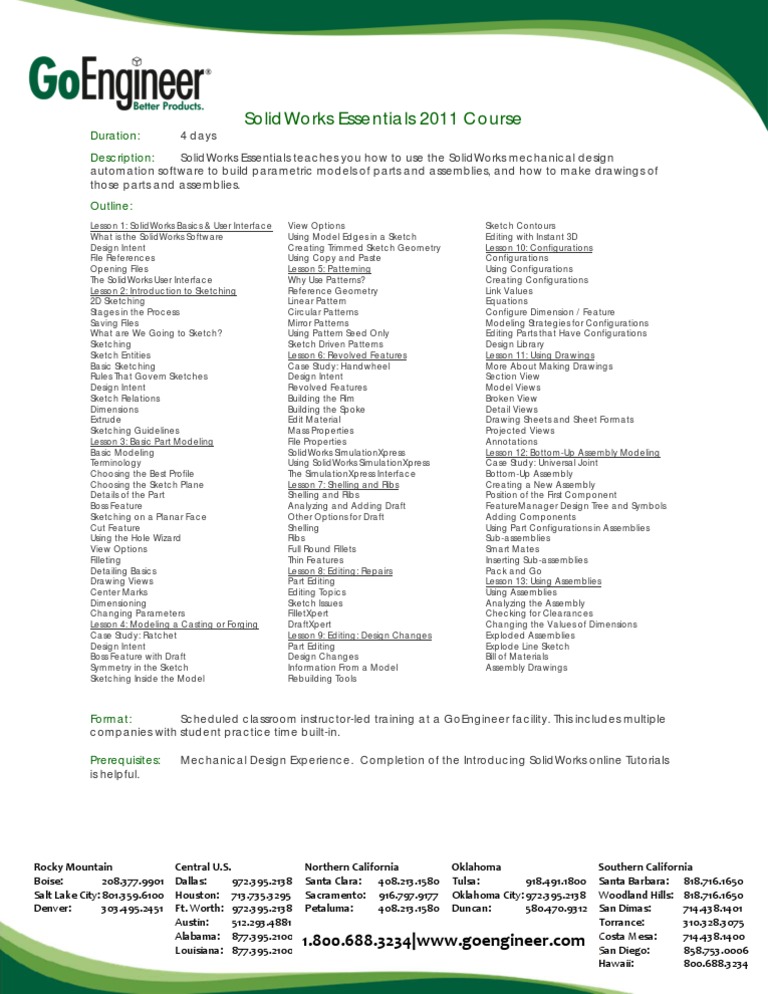 2011 Solid Works Essentials Course Agenda | PDF | Computing | Software