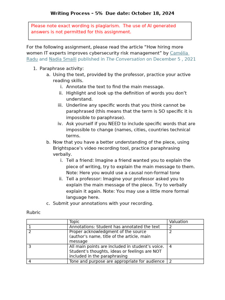 Writing Process - Paraphrase Activity Fall 2024 FRI | PDF