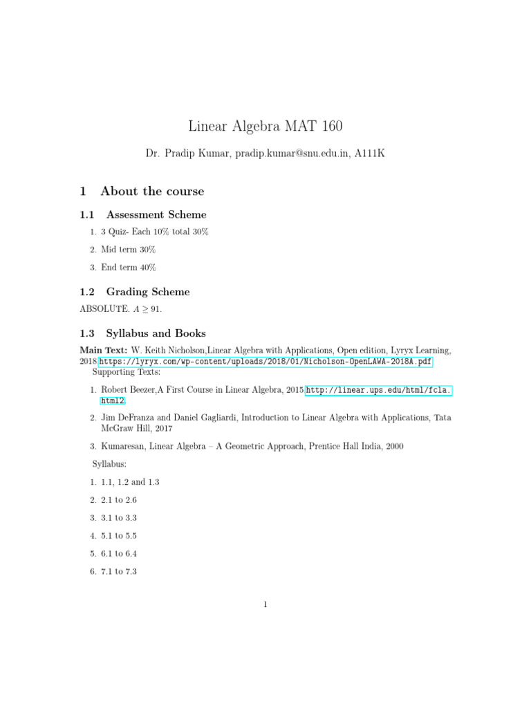MAT 160 Linear Algebra Course Overview | PDF | Matrix (Mathematics ...