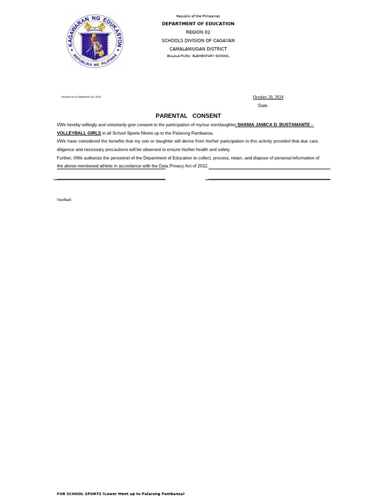 Parental Consent for School Sports Participation | PDF