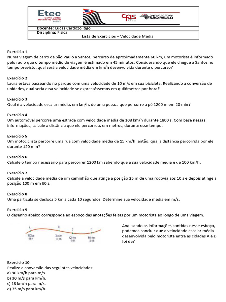 Exercícios sobre Velocidade Média | PDF