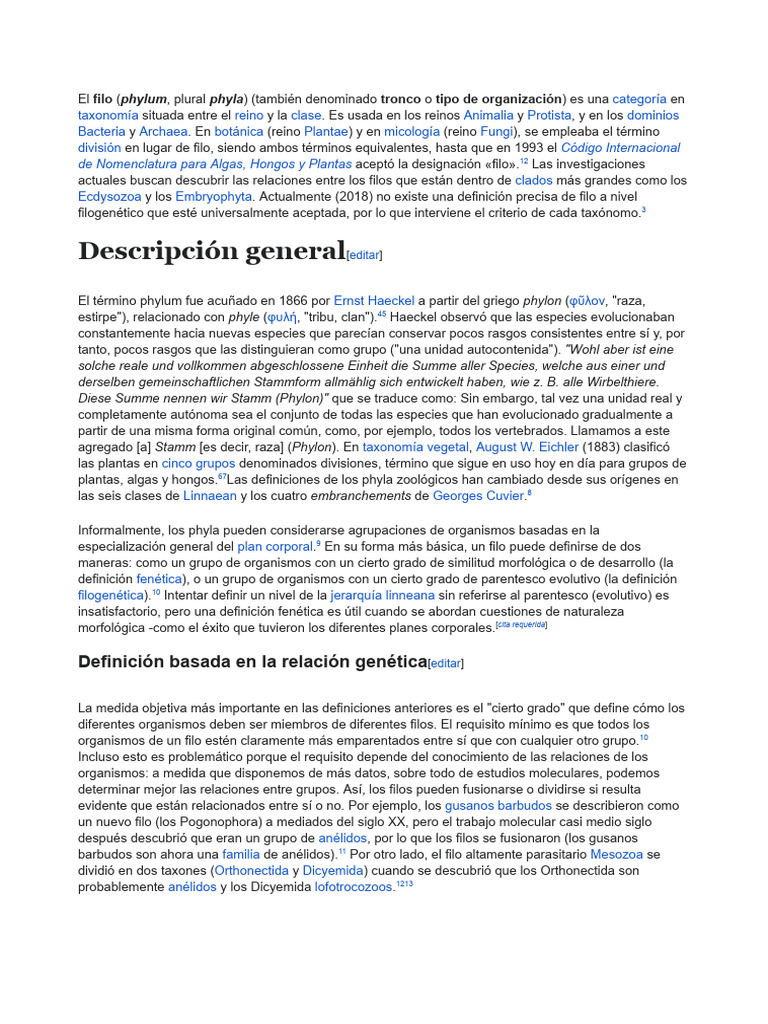 Definición de Filo en Taxonomía | PDF | Clasificación biológica | Biología