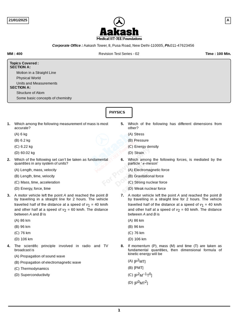 Physics and Chemistry Revision Test Series | PDF | Force | Waves