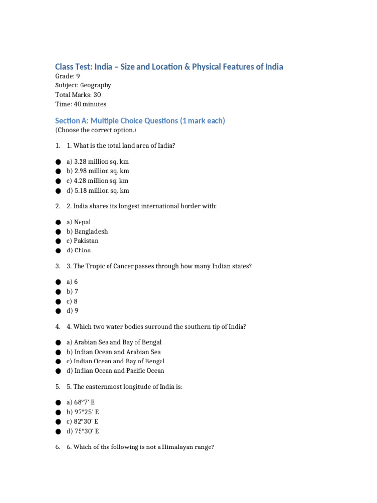 India: Size and Physical Features Test | PDF | Himalayas | Earth Sciences