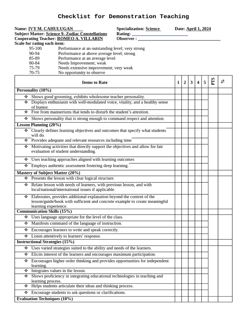 Checklist For Demo Teaching | PDF | Learning | Teachers