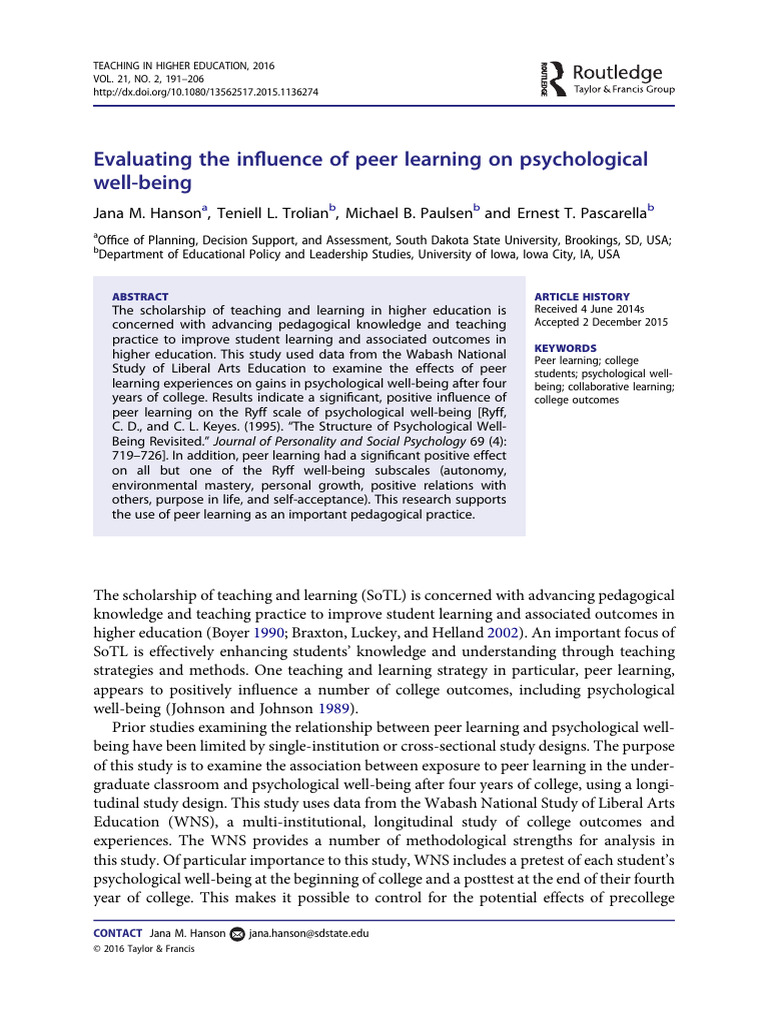 Evaluating The Influence of Peer Learning On Psychological Wellbeing ...